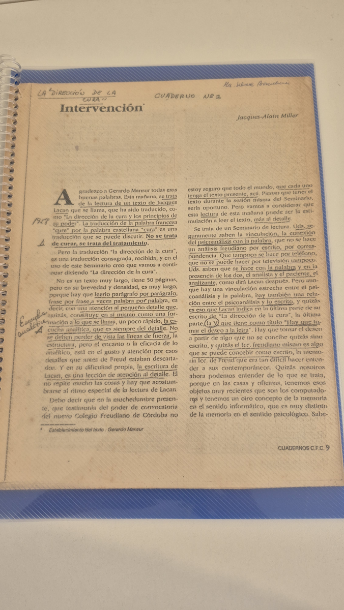 I Seminario de texto: la dirección de la cura. Intervención de Jacques Alain Miller